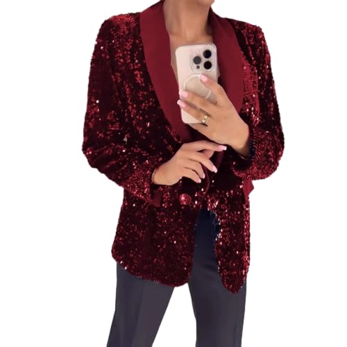 Womens Sequin Contrast Lapel Blazer Single Button Long Sleeve Slim Stylish Party Formal Outerwear Blazer for Women
