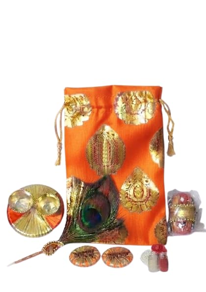 Traditional Potli Bag Combo Gift Set with Decorative Nariyal Haldi Plate Haldi Stick Ram Ram Tokens Haldi Kumkum Bottles for Wedding Return Gifts Housewarming Pooja Diwali Navratri Janmashtami-picture-56