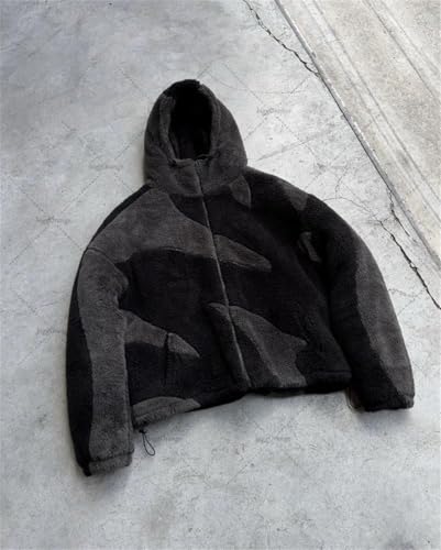 Dvbfufv Men's American Vintage Trendy Hip-Hop Solid Color Oversized Jacket Men Harajuku Hooded Zipper Fuzzy Coat2