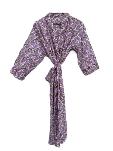 Cotton Block Print Kimono Robe for Women Long Bathrobe with Belt & Pockets Soft Lightweight Nightwear Spa,Lounge or Cover-Up