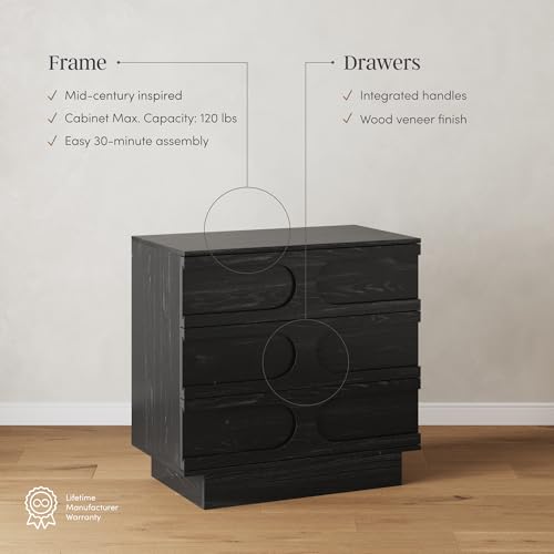 Image of Nathan James Iris 3 Drawer Dresser, Mid-Century Modern Solid Wood Dresser for Bedroom, Black Oak