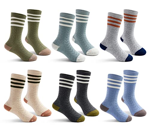 Big Boys Cotton Crew Socks Kids Seamless Dress Socks Cartoon Quarter Socks for Boys Mix Stripes 6 Pairs 8-10 Years