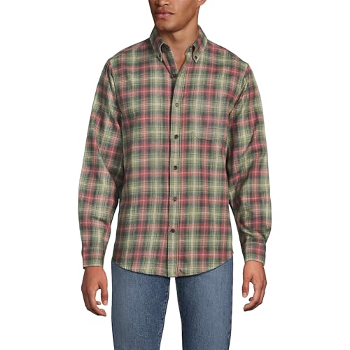 Lands' End Men's Long Sleeve Flagship Flannel Shirt Sunwashed Olive Multi Plaid Tall Large