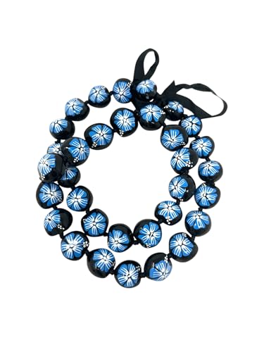 Utama Hawaiian Kukui Nut Leis Beads Necklaces with Hand Painted Flower Adjustable 32 Inch - Necklace for Graduation & Parties