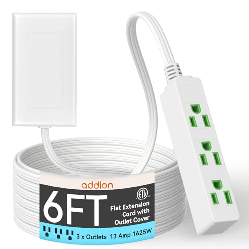 addlon Flat Plug Power Strip with Ultra-Thin Wall Plate, 6 FT Flat Extension Cord with 3 Standard 13A 1625W Outlets, Electrocution Protection, Includes 2 Sets of Fixing Clip, ETL Listed