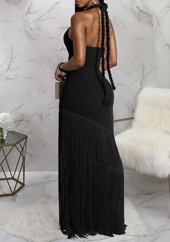 Women's Sexy Halter Backless Maxi Dress Cut Out Sleeveless Bodycon Long Fringes Club Party Cocktail Dresses3