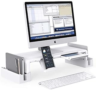 MiiKARE Monitor Stand with Storage Functions,Height Adjustable Screen Riser With Pull-Out Drawer+Phone Stand+2 Extra Storage Racks,Monitor Holder 50KG Load for i'Mac,Screen Display,TV,Printer-White 