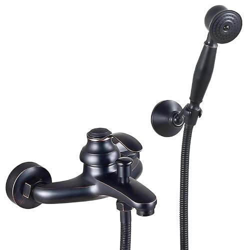 ASerZenith French Copper Simple Shower Set Overhead Spray Handheld Shower Head in-Wall Bathtub Faucet(Black Gu Flat Bottom)