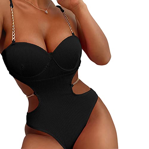 YAUASOPA Women's Women's Sexy Cutout Metal Chain Strap Bikini Set Ribbed one Piece Swimsuit Bathing Suit