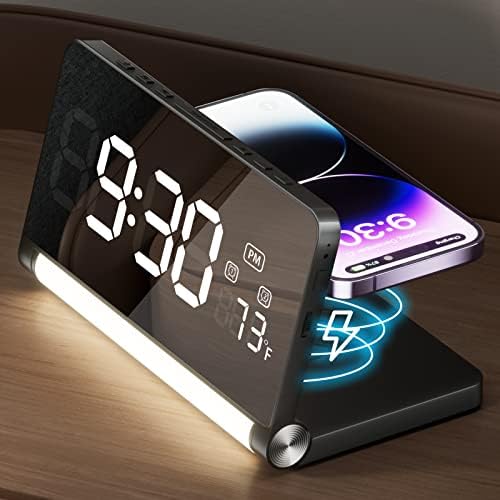 Alarm Clock for Bedroom, Digital Alarm Clock with Wireless Charging, 5 White Noise Sounds, 3 Colors Night Light, 9 Levels Brightness, Foldable Bedside Clock with 12/24H, Large Display (Black)