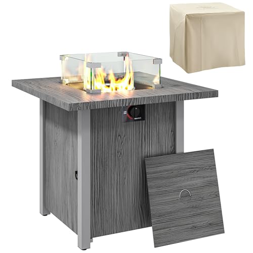 Outsunny Propane Gas Fire Pit Table for Garden 40000 BTU Smokeless Firepit Outdoor Heater with Waterproof Cover Glass Screen Glass Beads and Lid Wood Effect 71 x 71 x 62.5cm Dark Grey