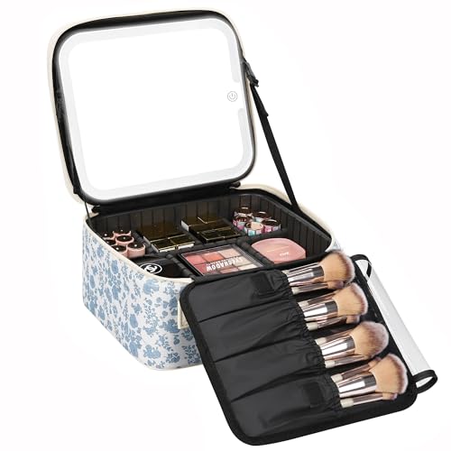 Relavel Travel Makeup Bag with LED Mirror, Blue Flower