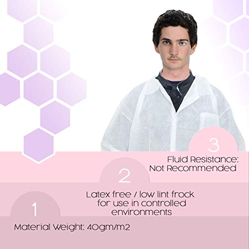 Amz Medical Supply Disposable Lab Coats. Pack Of 10 White Adult Frocks. Large Spp 40Gm/M2 Garment. Non-Sterile Cloth-Like Fabric Coats With Cut Wrists, Folded Collar And Plastic Snaps. Breast Pocket. #TOP2