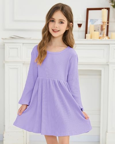 Girls Long Sleeve Dress: 2-Pack Soft Ribbed Ruffles Unicorn Print Toddler Girl Dresses for Casual Birthday Party 2-7Y2