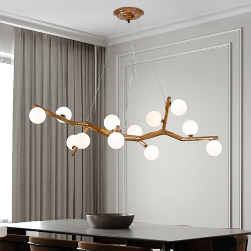 LUJIAODS 12-Light Farmhouse Sputnik Chandelier,Woodgrain Metal Arms with White Durable Globes,Mid Century Ceiling Light for Kitchen Island Dining Room
