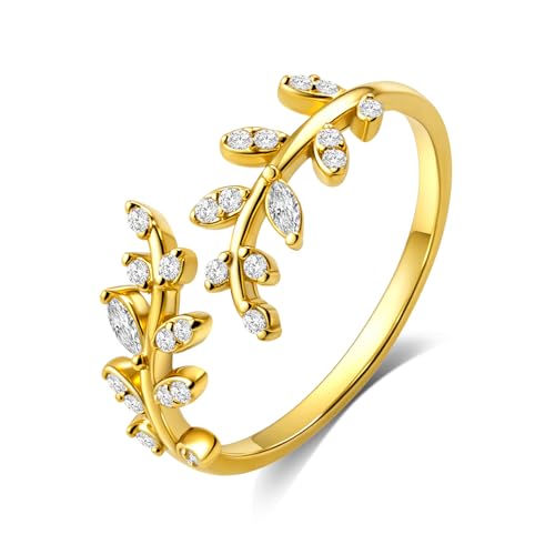 HNMZZPL Adjustable S925 Sterling Silver Ring for Women,Branch Leaves Band Stacking Finger Ring,Paved Cubic Zirconia Stone Stackable Open Ring (gold)
