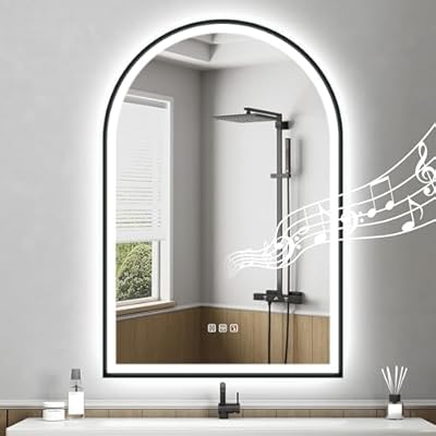 STARLEAD 36"x24" LED-Bathroom-Mirror-with-Lights, Wall-Mounted with Bluetooth, Anti-Fog, 3 Color Temperature Dimmable Brightness, Waterproof, Tempered Glass, Frontlit & Backlit, Black Frameless Arched