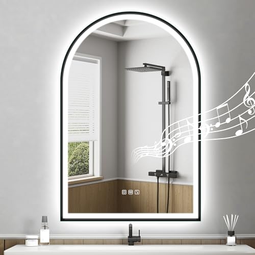 STARLEAD 36"x24" Black Frameless Arched LED Bathroom Mirror with Bluetooth Speaker, Dimmable Lighting, 3 Color Temperature, Anti-Fog, Touch Control Wa