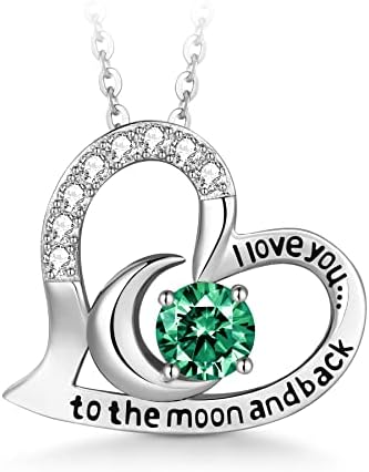 T400 Sterling Silver Birthstone Necklace I Love You to The Moon and Back with Cubic Zirconia Rose Gold Plated Heart Pendant Necklaces Birthday Gift for Women Girls 18"+2" Chain