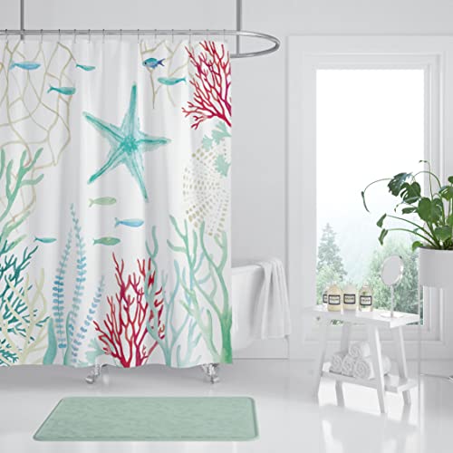 Tubeamin Beach Shower Curtain For Bathroom Coastal Shower Curtain Nautical Ocean Themed Starfish Coral Bath Curtains Bathroom Decor Waterproof Fabric With Hooks, 72X72 Inches, Teal/Green #TOP2