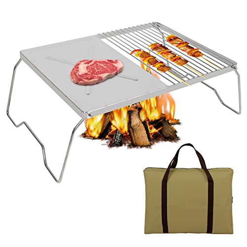 Lineslife 2 in 1 Stainless Steel Campfire Grill Grate and Griddle, Heavy Duty 304 Folding Camping Grill Cooking Racks for Outdoor Camping Cooking, Large