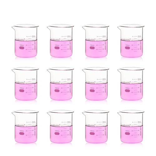 12pcs 100ml Upgrated Thick Glass Beakers, Griffin Low Form Beaker Set with Double Scale, 3.3 Boro, LVA005