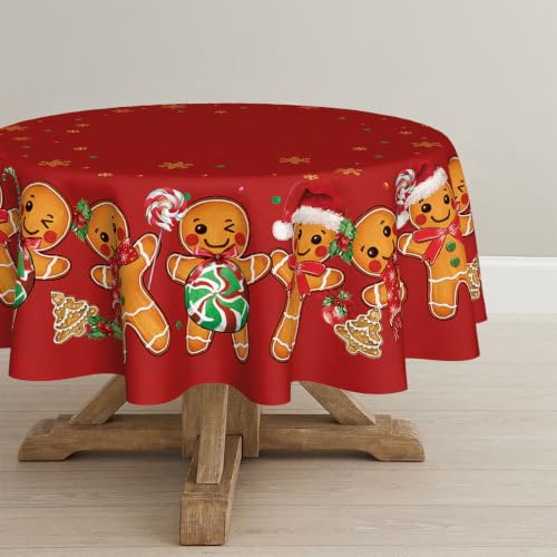 Horaldaily Christmas Tablecloth 70×70 Inch Round, Cartoon Gingerbread Man Stars Red Washable Table Cover for Party Picnic Dinner Decor