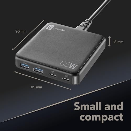 cellularline - MULTIPOWER DESK 65W - Caricabatterie da Rete 4 Porte GaN 65W - Output Totale 65W - 2 Porte USB da 18W, 1 porta USB-C da 18W e 1 Porta USB-C da 65W - Ideale per Smartphone Tablet Laptop - 5