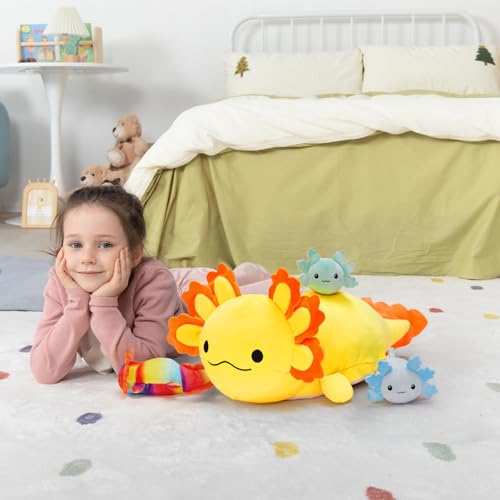 Image of MaoGoLan 4Pcs Giant Axolotl Plush with 3 Babies Inside-23.5 inch Large Ultra Soft Axolotl Stuffed Animals Throw Pillow-Squishy Stuffed Axolotl Plush Collection Gift for Axolotl Lover,Kids,Teens,Yellow