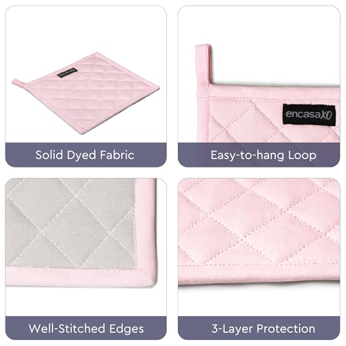 Image of Encasa XO Heat Resistant Cotton Pot Holders with Hanging Loop - Set of 2 - Light Pink & Light Grey - Multipurpose Quilted Everyday Hot Pad for Kitchen, Camping, BBQ & Microwave - 21 cm