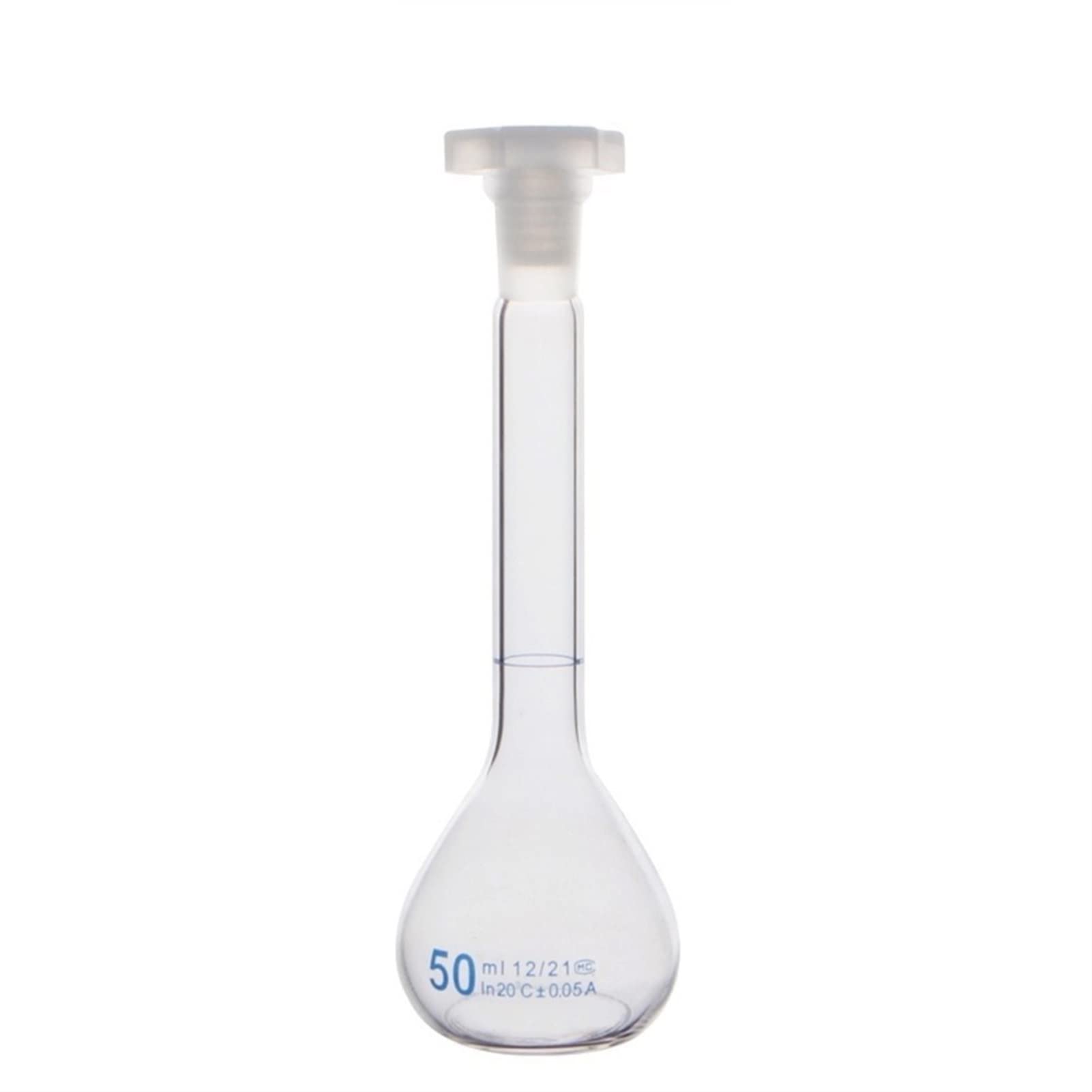 DADAKEWIN 50ml Clear Glass Volumetric Flask with Plastic Stopper Class a High Borosilicate Glass Slender Bottleneck Flat Bottom Lab Chemistry Glassware- Pack of 4 (Size : 50ml)