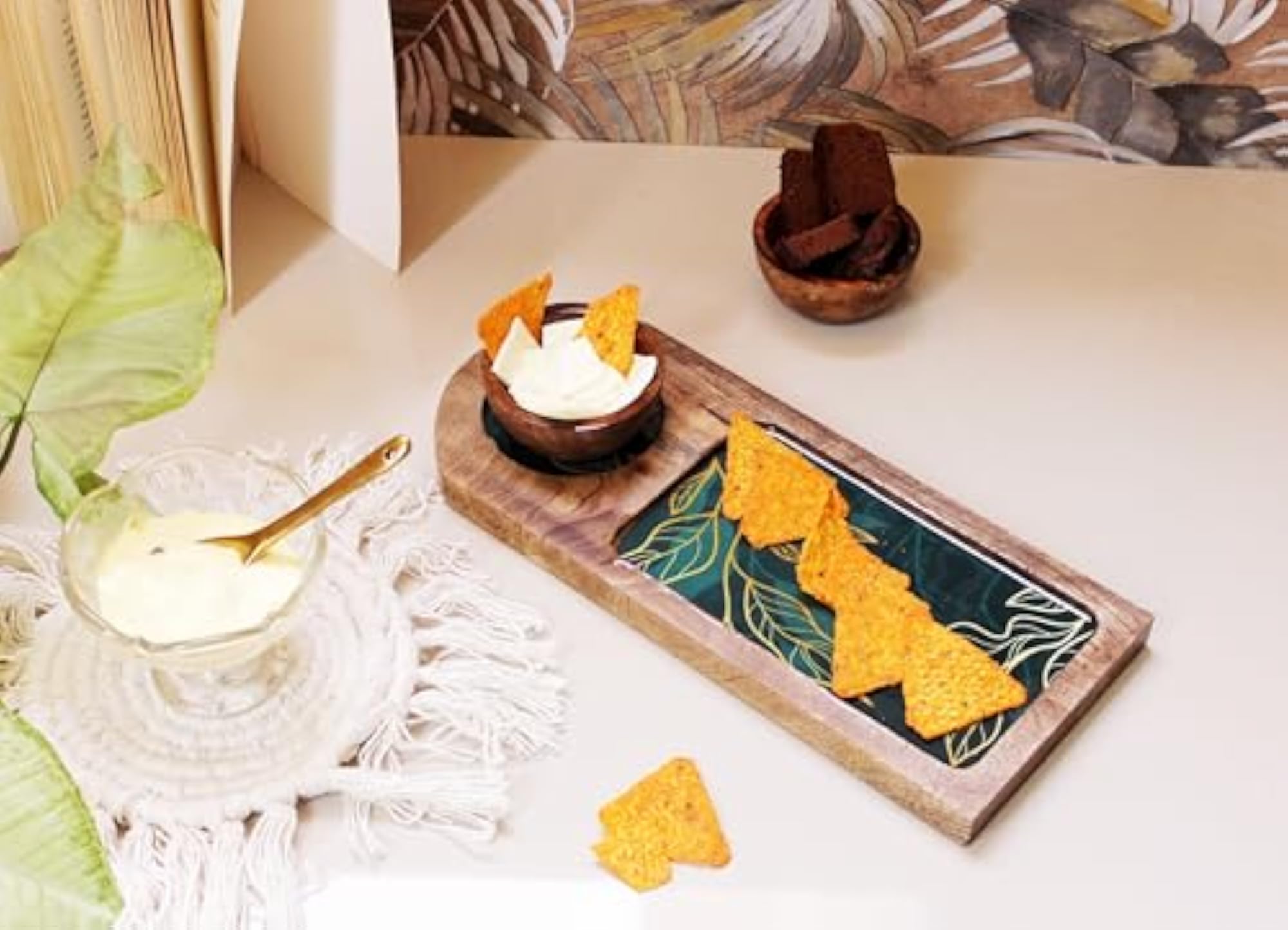 Leafy Gleam Rectangular Tray with Bowl, Serving Platter