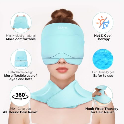 Image of 3 in 1 Migraine Cap with Eye Holes,Neck ice Pack wrap Cold Cap for migraines Hot and Cold Therapy Headache Relief Cap for Headaches, Stiff Neck,Eye Fatigue, Tension and Pain (Light Blue)