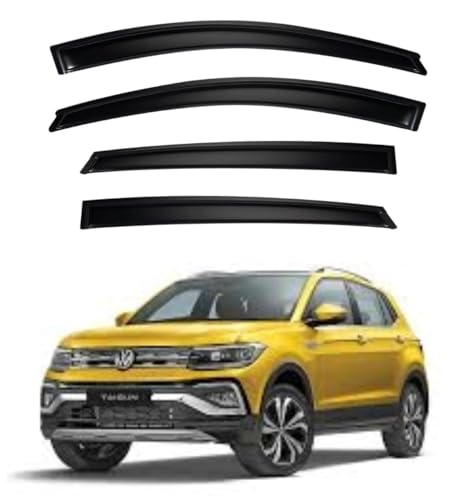 Image of Premium Smoke Car Door Visor Front+Rear Sun /Rain Guard Outside Mount Tape-On Window Visors Compatible with Volks-wagen Taigun (2025-2026)