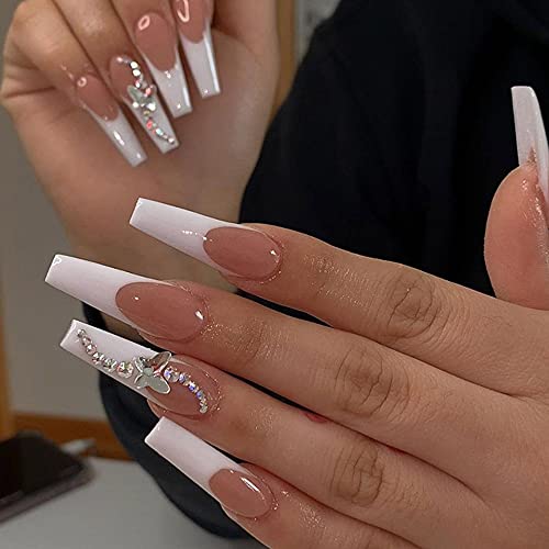 Feilisa french luxury fake nails extra long press on butterfly rh…