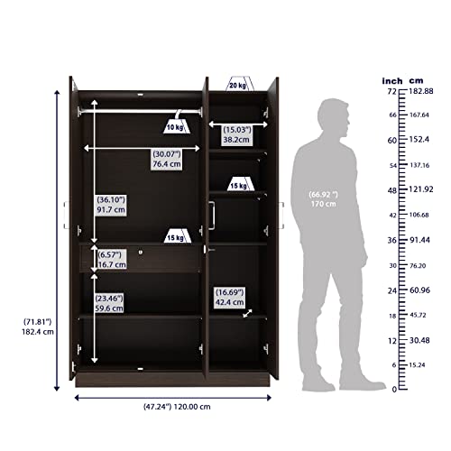 Image of Wakefit Wardrobe | 1 Year Warranty | Engineered Wood Almirah, Cupboard for Clothes Storage | 3 Door, 1 Drawer, 1 Hanging Space | Gingham - Wenge