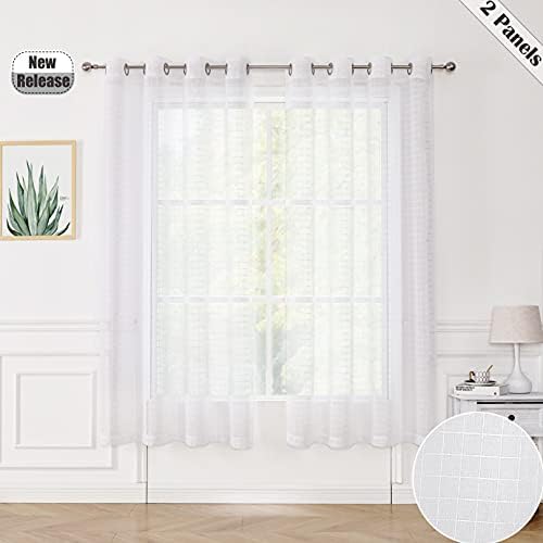 Beauoop Geometric Sheer Curtains Buffalo Check Gingham Voile Window Panels Light Filtering Drapes Grid Eyelet Top Window Treatment for Living Room, Bedroom & Farmhouse, White, 52 x 72 Inches, 2 Panels