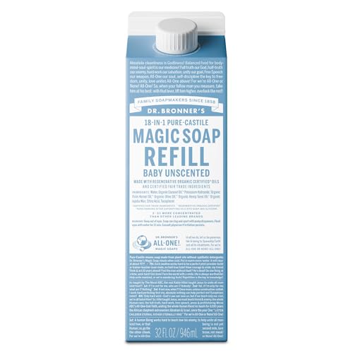 Dr. Bronner's Pure-Castile Liquid Soap Refill - Made with Regenerative Organic Certified Oils, 86% Less Plastic - 18-in-1 Uses, For Face, Body Wash, Hand Soap Refill & More - Baby Unscented, 32oz