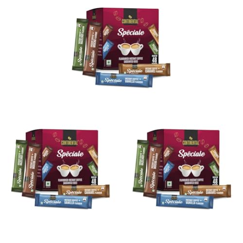 Image of Continental Speciale Assorted Coffee Sachets - 96gm | Pack of 144 | Flavour Instant Coffee Powder | 2g Each - Hazelnut, Vanilla, Mocha, Caramel | Makes 48 Cups | Enjoy Hot or Cold