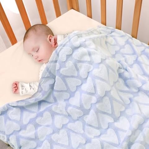 Bertte Plush Baby Blanket for Boys Girls | Swaddle Receiving Blankets Super Soft Warm Lightweight Breathable for Infant Toddler Crib Stroller - 33"x43" Large, Sky Blue Hearts Embossed Cover