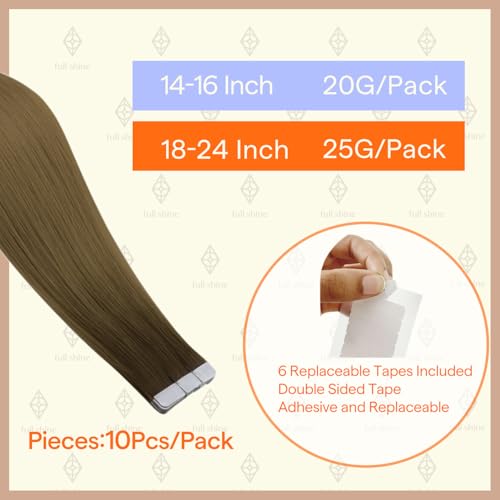 Image of Full Shine Tape in Hair Extensions Real Human Hair Ombre Color R3 Dark Brown to 8 Light Brown Virgin Human Hair Extensions Double Sided Tape in Extensions 10Gram 5Pcs 14Inch for Thin Hair