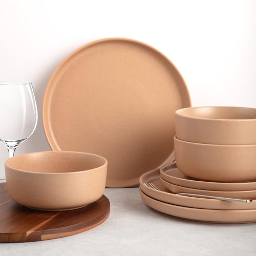 Image of Zulay Kitchen Terra Stoneware Dinnerware Set, Artisanal Ceramic Plates and Bowls Set Crafted at 2300℉ - Service for 4, Terracotta Clay