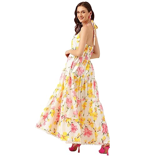 Image of Divena Rayon Cream A-Line Floral Printed Midi Dress