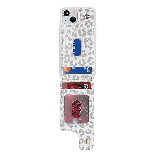 Image of for iPhone 13 Mini Case with Card Holder and Strap for Women,Crossbody Lanyard,Kickstand Ring Stand,Snap Clasp,RFID Blocking,Cute Phone Wallet Cases 5.4 inch(White Leopard)