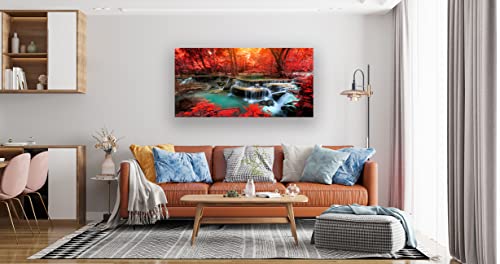 Muolunna Bk03950 Wall Art Decor Canvas Print Picture Red Forest Waterfalls 1 Piece Modern Landscape Tree For Living Room Bedroom Kitchen Office Home Decorations Stretched And Framed Ready To Hang #TOP4