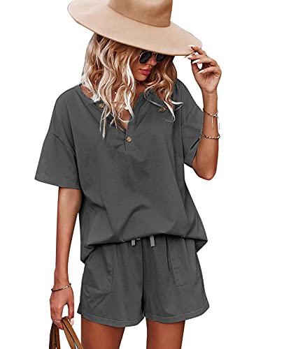 CORSKI Lounge Sets for Women Loungewear 2 Piece Short Sleeve Sweatsuit Sweatpants Jogger Outfits Dark Grey M
