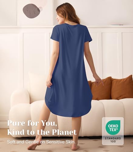Image of NACHILA Nightgowns for Women-Viscose Made from Bamboo, V Neck Sleepshirts Short Sleeve Sleepwear Cool Nightshirt