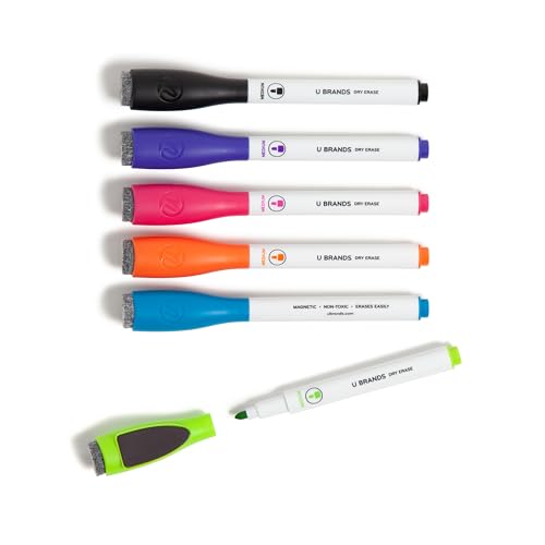 U Brands Fine Tip Dry Erase Markers with Eraser, Low Odor Whiteboard Markers Fine Tip, Assorted Bright Colors, Set of 6