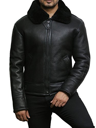 Brandslock Mens Real Shearling Sheepskin Leather Flying Aviator Bomber Jacket2