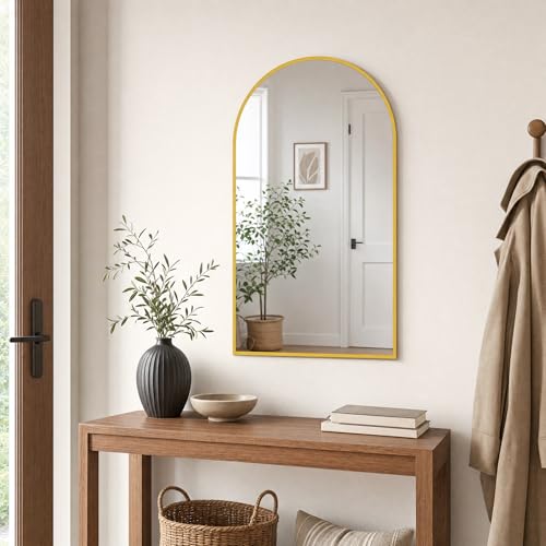 Image of BEAUTYPEAK 22 inchx30 inch Arch Bathroom Mirror, Wall Mounted Vanity Metal Frame Mirror for Bedroom, Entryway, Living Room, Gold